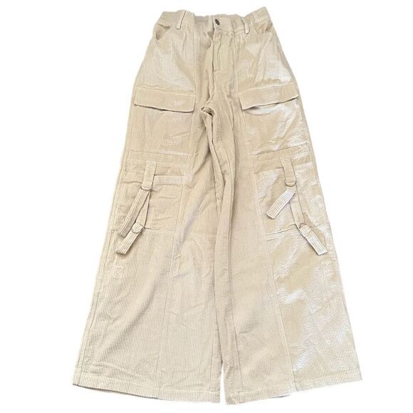 Super Wide Extra Baggy Cargo Punk Corduroy Neutral Cream High Waisted Pants - Picture 9 of 9